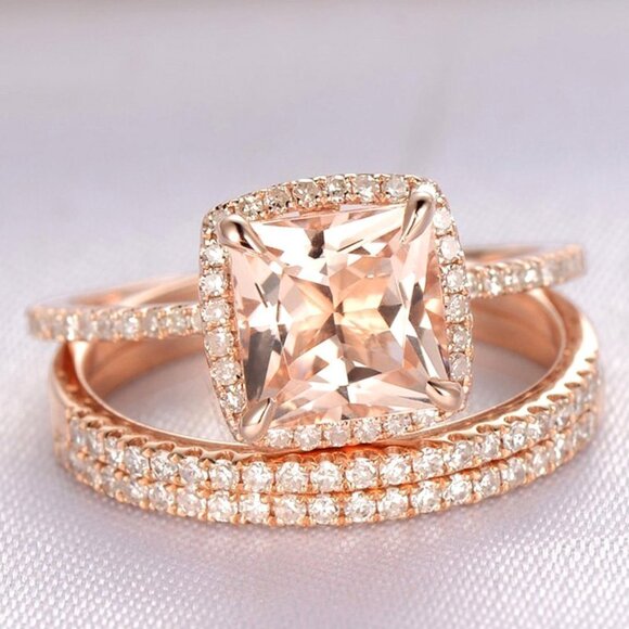 💎3pcs A Set Rose Gold Luxury CZ Champagne Stone Wedding Ring for WomenVIP332
